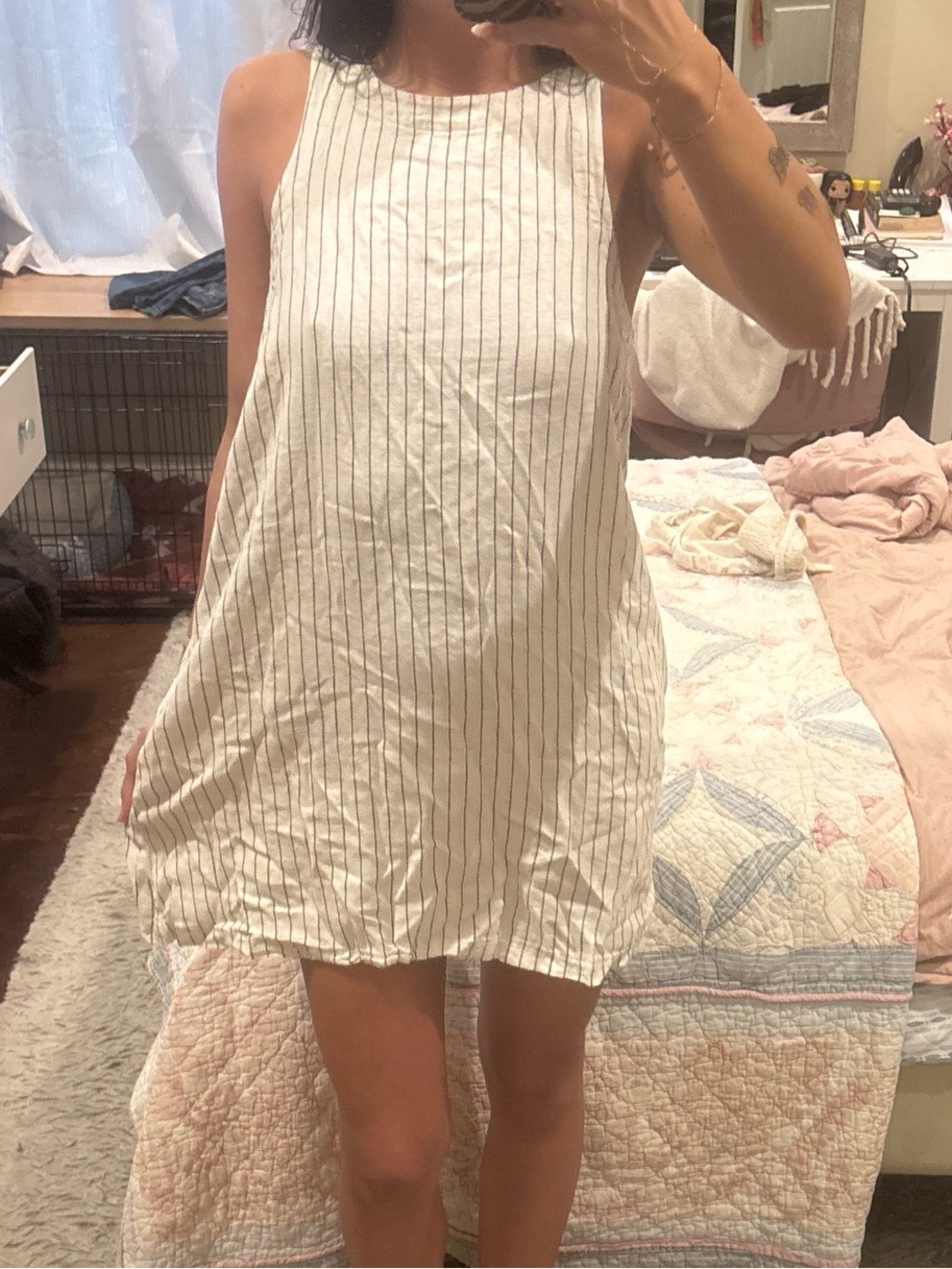 Sleeveless Striped Cotton Nightdress - White with Black Pinstripes